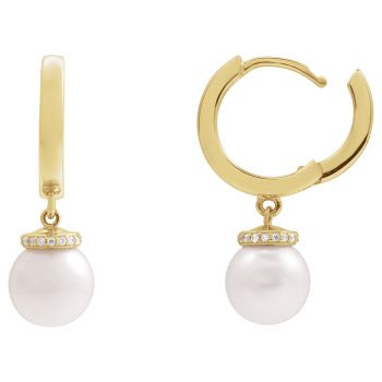 Cultured White Akoya Pearl Diamond Drop Hoop Earrings in 14K Gold 3