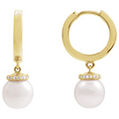 Cultured White Akoya Pearl Diamond Drop Hoop Earrings in 14K Gold