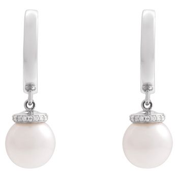 14K White Gold Cultured White Akoya Pearl Diamond Hoop Earrings 2
