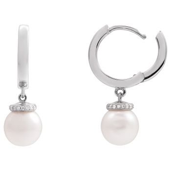 14K White Gold Cultured White Akoya Pearl Diamond Hoop Earrings 3