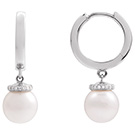 14K White Gold Cultured White Akoya Pearl Diamond Hoop Earrings