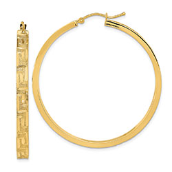 Satin 1 3/4" Greek Key Hoop Earrings in 14K Gold