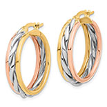 Woven 15/16" Tri Color Hoop Earrings in 14K Gold