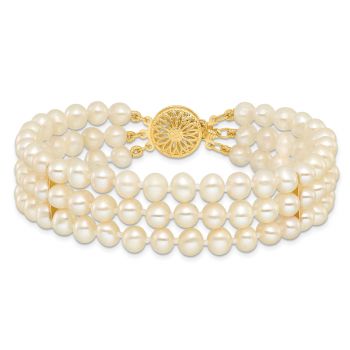 5-6mm 3-Strand Cultured Pearl Bracelet in 14K Yellow Gold 3