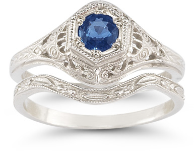 antique-style sapphire wedding ring set