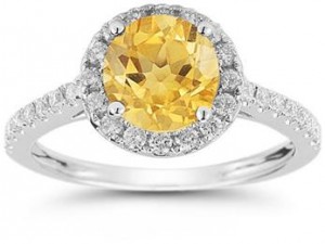 Citrine and Diamond Halo Gemstone Ring in 14K White Gold