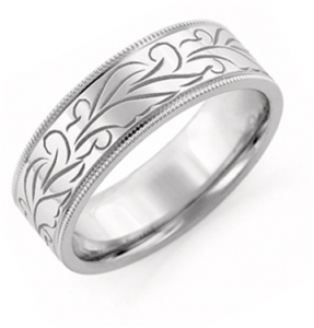 Hand Carved Floral Wedding Band, 14K White Gold