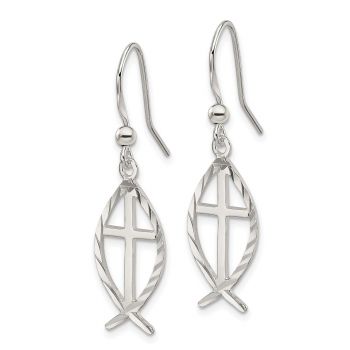 Silver Ichthus Dangle Cross Earrings 2