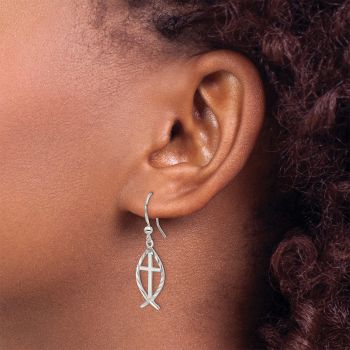Silver Ichthus Dangle Cross Earrings 4