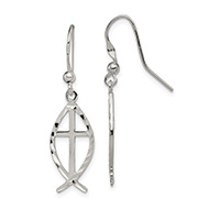 Silver Ichthus Dangle Cross Earrings