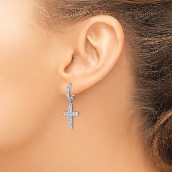 Silver Shimmer CZ Dangle Cross Hoop Earrings 4