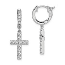 Silver Shimmer CZ Dangle Cross Hoop Earrings