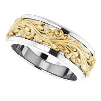 14K Two-Tone Gold Sculpted Paisley Wedding Band Ring for Men 4