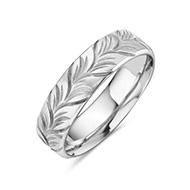 14K White Gold Carved Leaf Wedding Band Ring