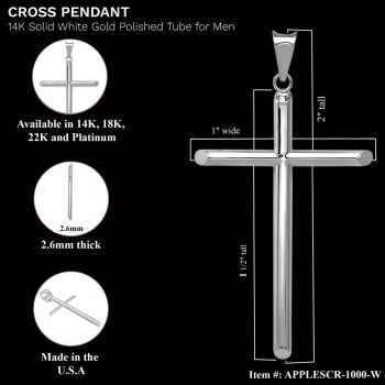 14K Solid White Gold Polished Tube Cross Pendant for Men 2